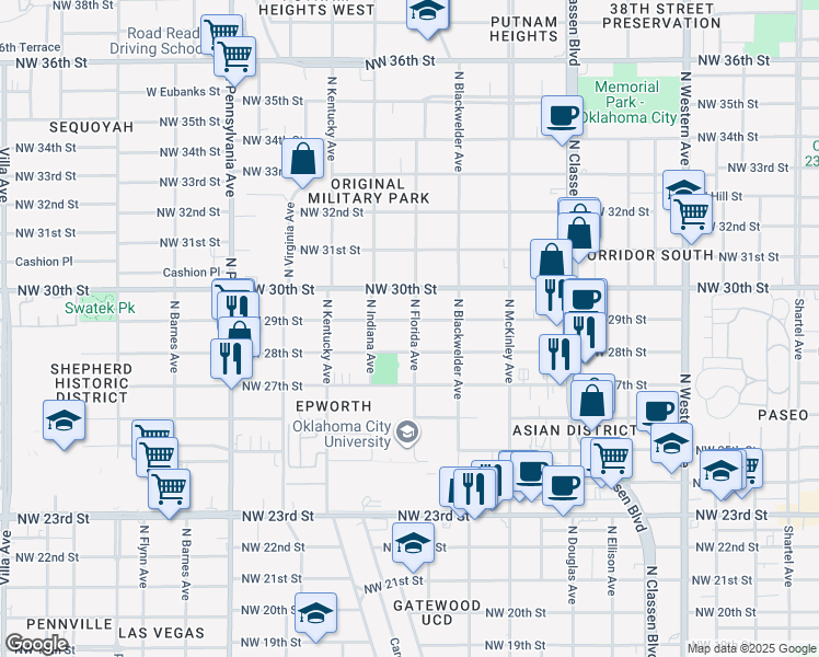 map of restaurants, bars, coffee shops, grocery stores, and more near 2908 North Florida Avenue in Oklahoma City
