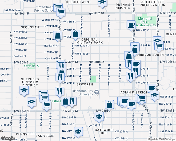 map of restaurants, bars, coffee shops, grocery stores, and more near 1732 Northwest 29th Street in Oklahoma City
