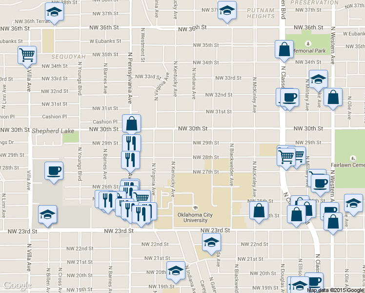 map of restaurants, bars, coffee shops, grocery stores, and more near 1826 Northwest 29th Street in Oklahoma City