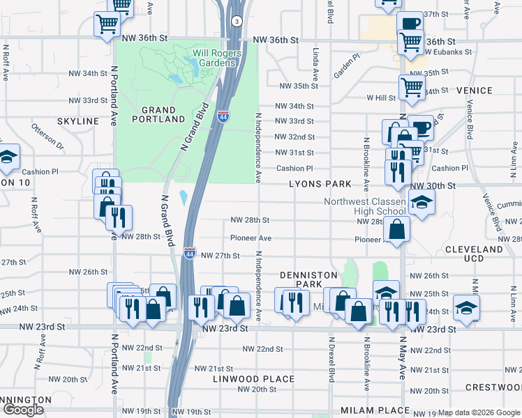 map of restaurants, bars, coffee shops, grocery stores, and more near 3309 Northwest 28th Street in Oklahoma City