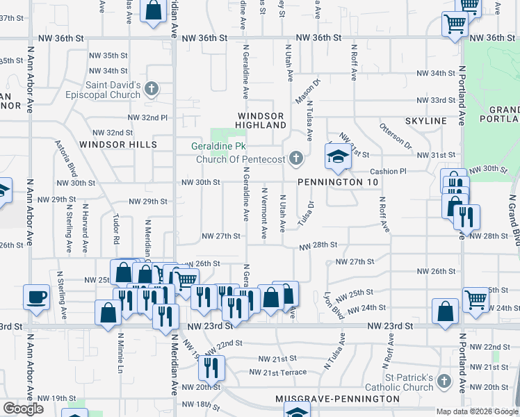 map of restaurants, bars, coffee shops, grocery stores, and more near 3001 North Vermont Avenue in Oklahoma City