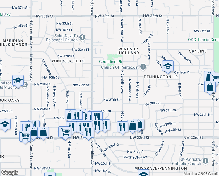map of restaurants, bars, coffee shops, grocery stores, and more near 2900 North Warren Avenue in Oklahoma City