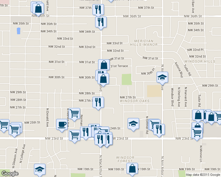 map of restaurants, bars, coffee shops, grocery stores, and more near 5806 Northwest 29th Street in Oklahoma City