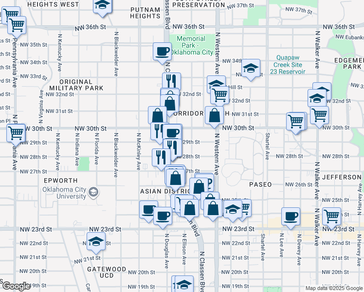 map of restaurants, bars, coffee shops, grocery stores, and more near 1216 Northwest 29th Street in Oklahoma City