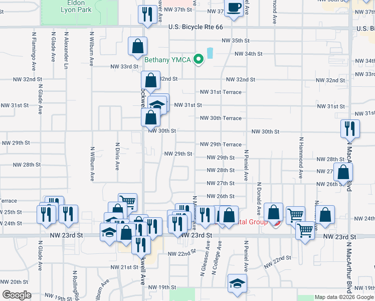 map of restaurants, bars, coffee shops, grocery stores, and more near 6809 Northwest 29th Street in Bethany