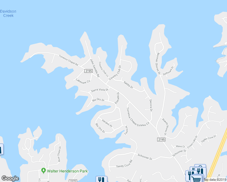 map of restaurants, bars, coffee shops, grocery stores, and more near 22019 Torrence Chapel Road in Cornelius