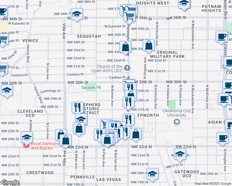 map of restaurants, bars, coffee shops, grocery stores, and more near 2138 Northwest 29th Street in Oklahoma City