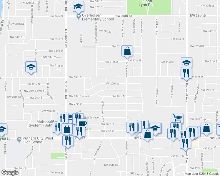map of restaurants, bars, coffee shops, grocery stores, and more near 7617 Northwest 28th Terrace in Bethany