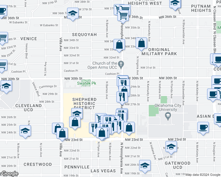 map of restaurants, bars, coffee shops, grocery stores, and more near 2134 Northwest 29th Street in Oklahoma City
