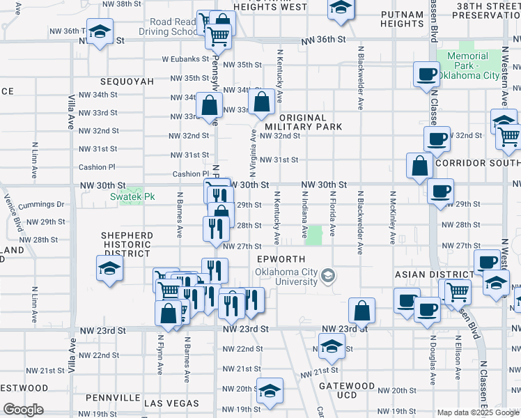 map of restaurants, bars, coffee shops, grocery stores, and more near 1920 Northwest 29th Street in Oklahoma City