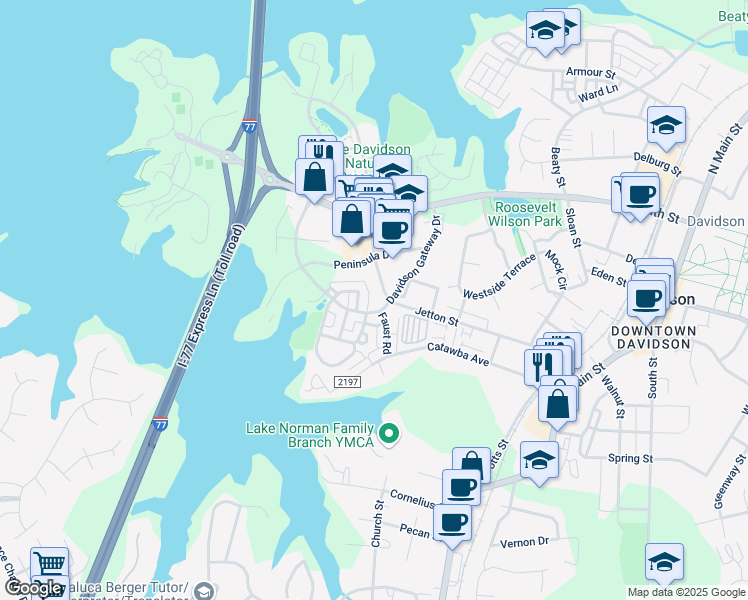 map of restaurants, bars, coffee shops, grocery stores, and more near in Davidson