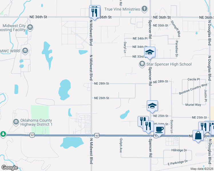 map of restaurants, bars, coffee shops, grocery stores, and more near 8104 Northeast 28th Street in Spencer