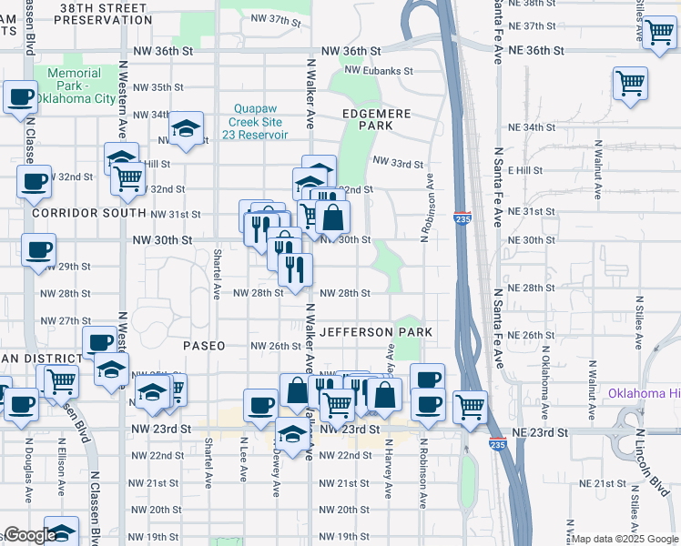 map of restaurants, bars, coffee shops, grocery stores, and more near 412 Northwest 29th Street in Oklahoma City