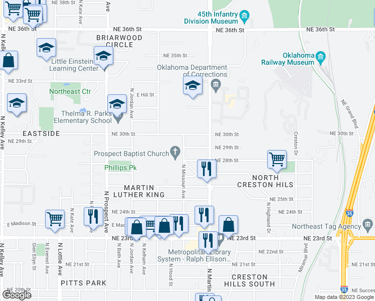 map of restaurants, bars, coffee shops, grocery stores, and more near 1904 Northeast 29th Street in Oklahoma City