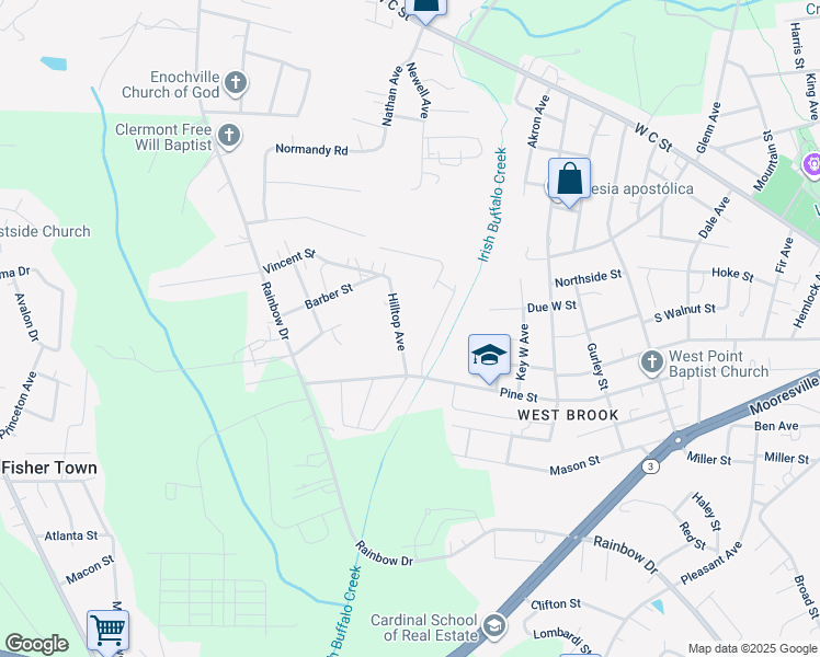 map of restaurants, bars, coffee shops, grocery stores, and more near Hilltop Avenue in Kannapolis