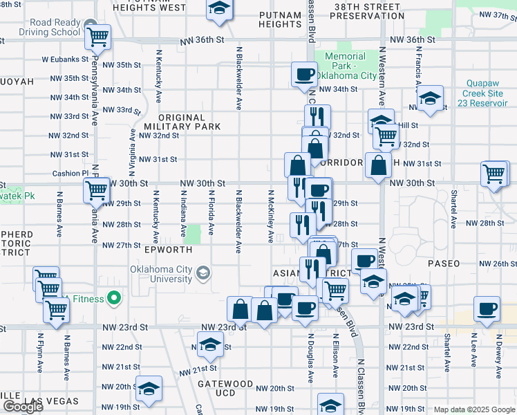 map of restaurants, bars, coffee shops, grocery stores, and more near 1512 Northwest 29th Street in Oklahoma City