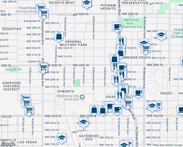 map of restaurants, bars, coffee shops, grocery stores, and more near 1604 Northwest 29th Street in Oklahoma City