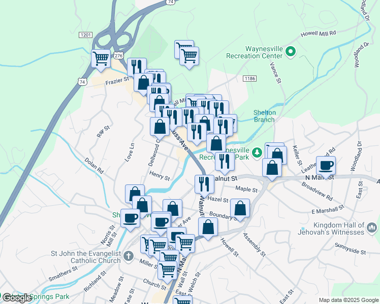 map of restaurants, bars, coffee shops, grocery stores, and more near 404 Russ Avenue in Waynesville