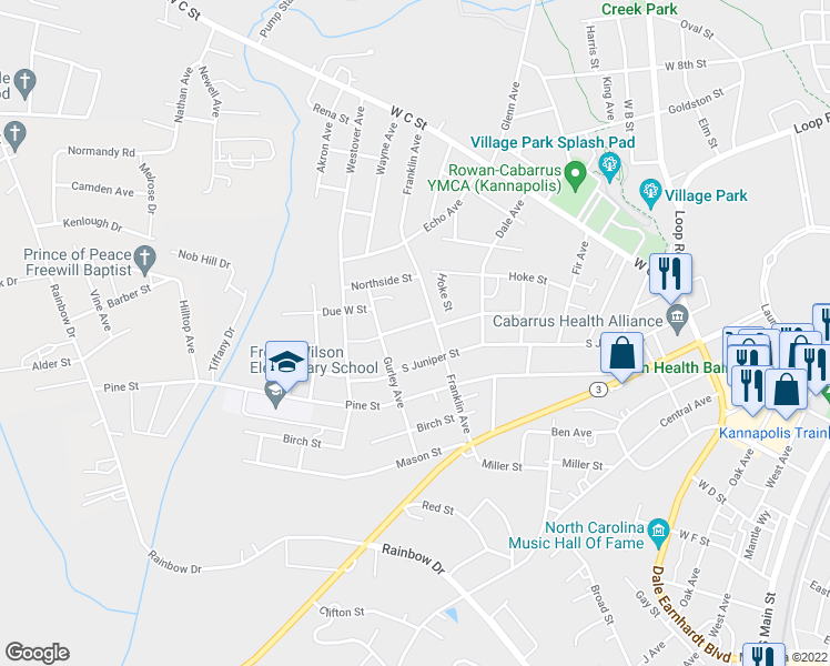 map of restaurants, bars, coffee shops, grocery stores, and more near 1101 South Walnut Street in Kannapolis