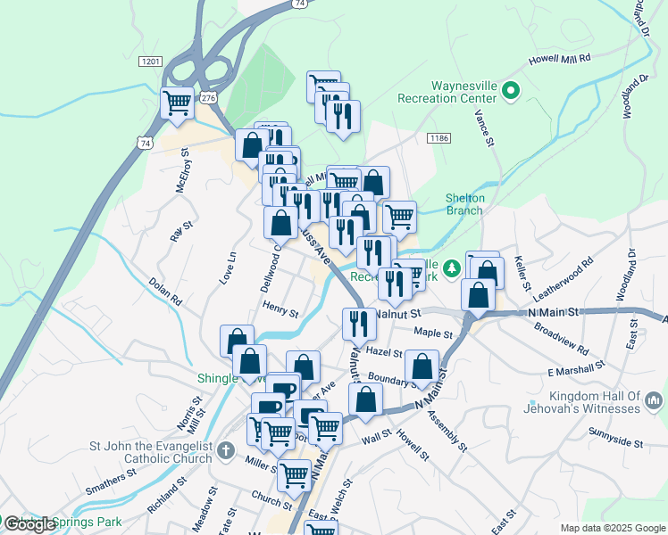map of restaurants, bars, coffee shops, grocery stores, and more near 404 Russ Avenue in Waynesville