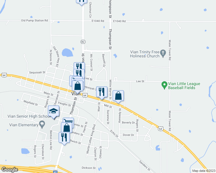 map of restaurants, bars, coffee shops, grocery stores, and more near 208 Mittie Martin Street in Vian