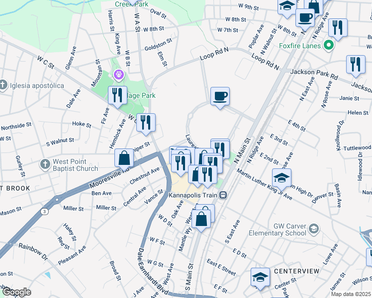 map of restaurants, bars, coffee shops, grocery stores, and more near Laureate Way in Kannapolis