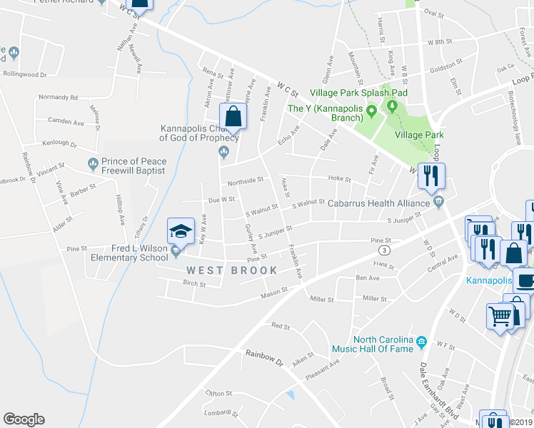 map of restaurants, bars, coffee shops, grocery stores, and more near 1109 South Walnut Street in Kannapolis