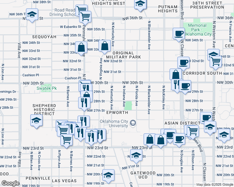 map of restaurants, bars, coffee shops, grocery stores, and more near 1826 Northwest 29th Street in Oklahoma City