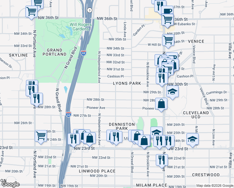 map of restaurants, bars, coffee shops, grocery stores, and more near 3145 Northwest 28th Street in Oklahoma City