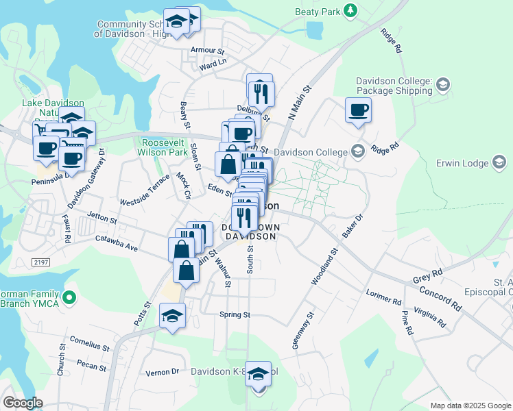 map of restaurants, bars, coffee shops, grocery stores, and more near in Davidson