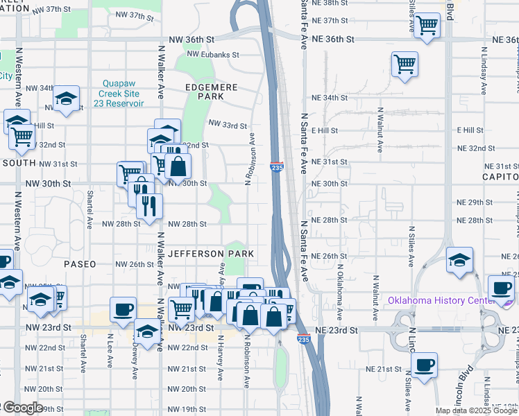 map of restaurants, bars, coffee shops, grocery stores, and more near 124 Northwest 29th Street in Oklahoma City