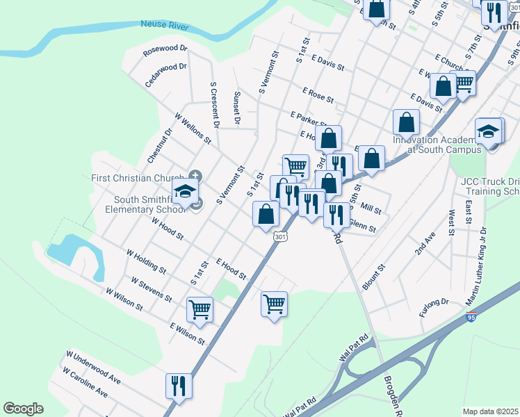 map of restaurants, bars, coffee shops, grocery stores, and more near 912 South 2nd Street in Smithfield
