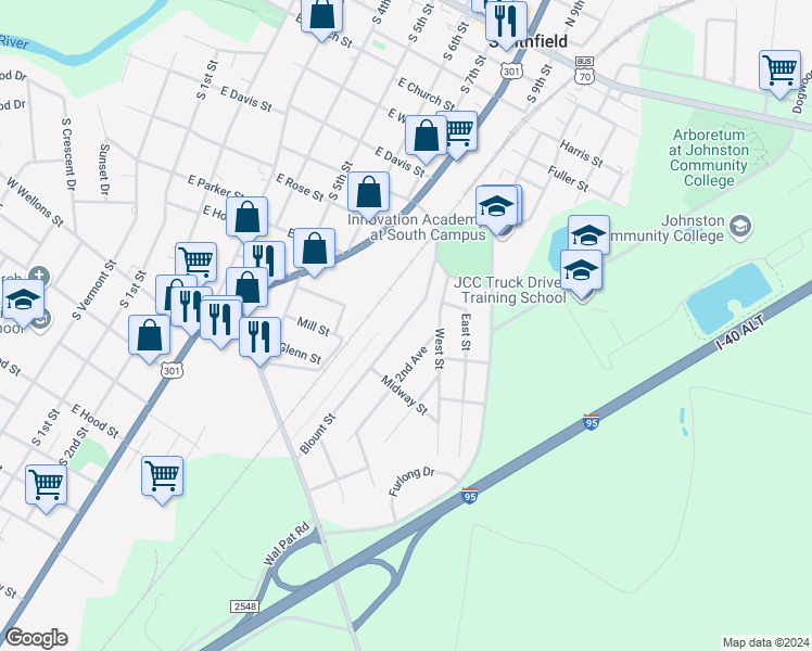 map of restaurants, bars, coffee shops, grocery stores, and more near 811 Blount Street in Smithfield