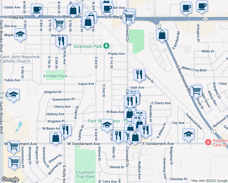 map of restaurants, bars, coffee shops, grocery stores, and more near 617 South 1st Street in Yukon