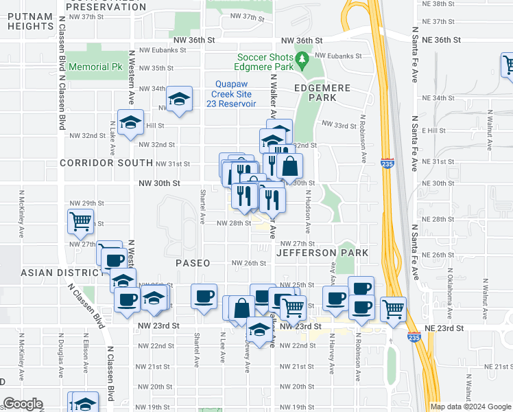 map of restaurants, bars, coffee shops, grocery stores, and more near 2928 Paseo in Oklahoma City