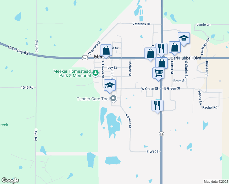 map of restaurants, bars, coffee shops, grocery stores, and more near 421 South Culver Street in Meeker
