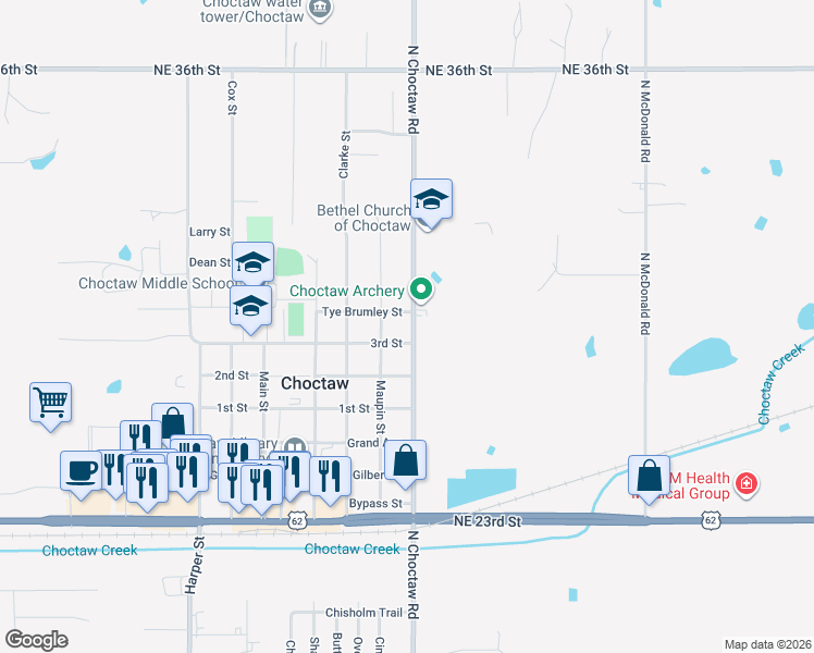 map of restaurants, bars, coffee shops, grocery stores, and more near 14955 3rd Street in Choctaw