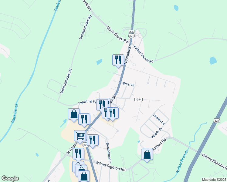 map of restaurants, bars, coffee shops, grocery stores, and more near 2103 North Aspen Street in Lincolnton