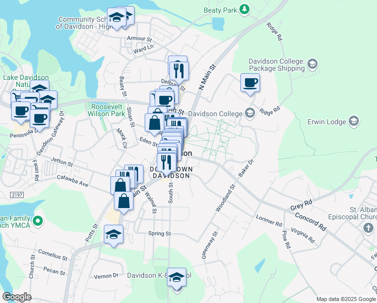 map of restaurants, bars, coffee shops, grocery stores, and more near 100 North Main Street in Davidson