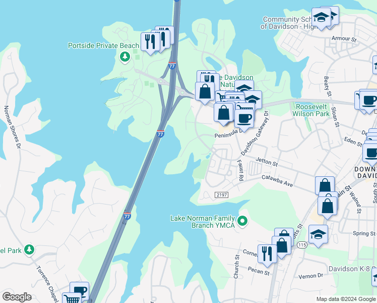 map of restaurants, bars, coffee shops, grocery stores, and more near 795 Peninsula Drive in Davidson