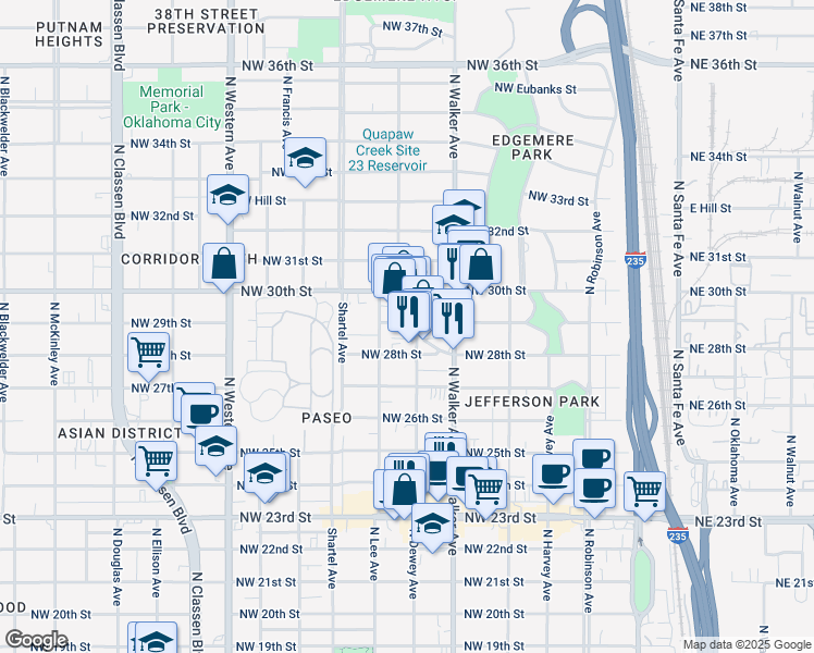 map of restaurants, bars, coffee shops, grocery stores, and more near 2928b Paseo in Oklahoma City