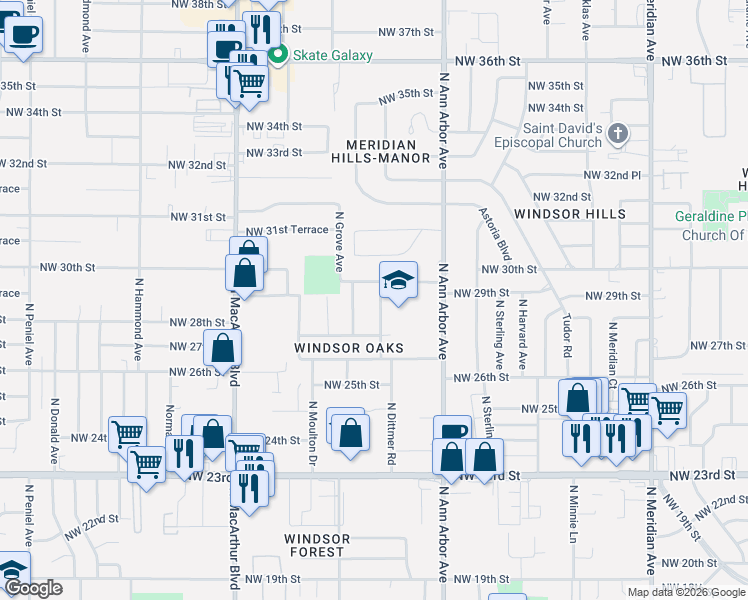 map of restaurants, bars, coffee shops, grocery stores, and more near 2816 North Ditmer Road in Oklahoma City