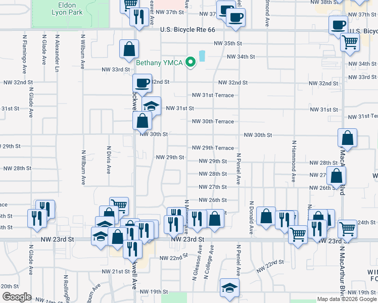 map of restaurants, bars, coffee shops, grocery stores, and more near 6721 Northwest 29th Street in Bethany