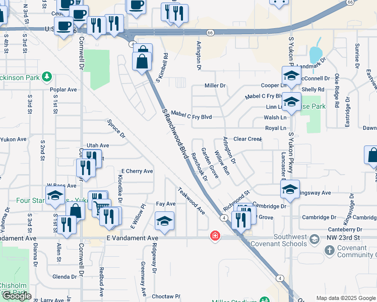 map of restaurants, bars, coffee shops, grocery stores, and more near 760 South Ranchwood Boulevard in Yukon