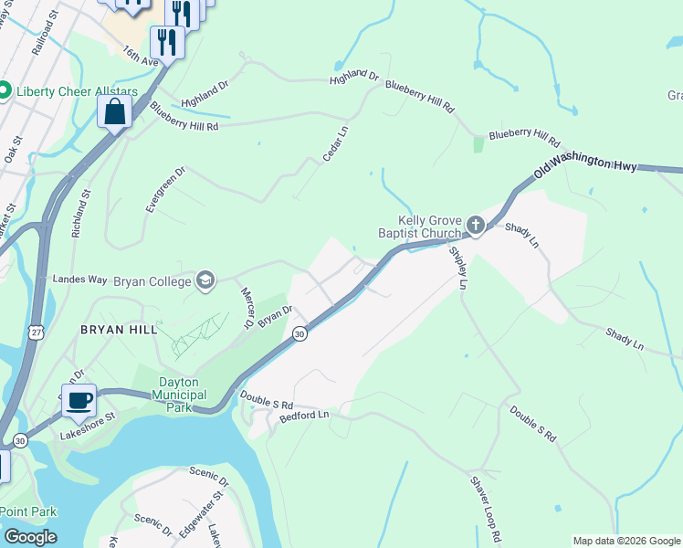 map of restaurants, bars, coffee shops, grocery stores, and more near 1520 Old Washington Hwy in Dayton