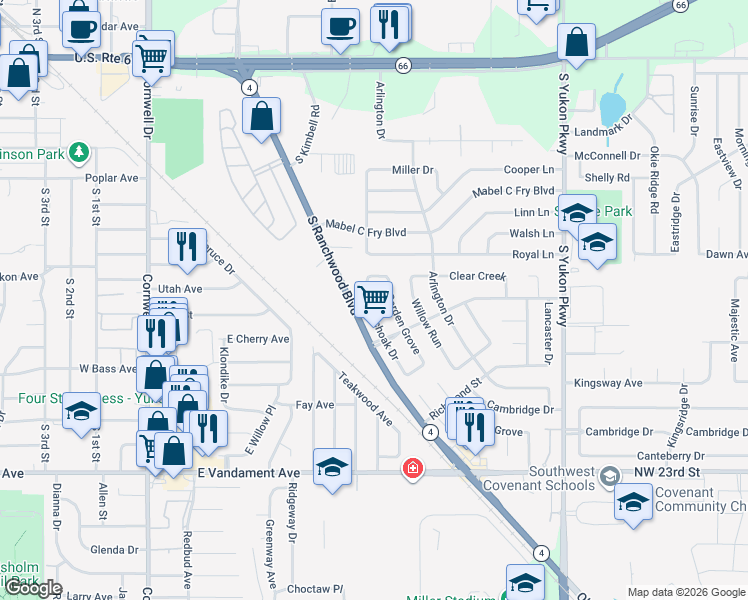 map of restaurants, bars, coffee shops, grocery stores, and more near 731 Ranchoak Drive in Yukon
