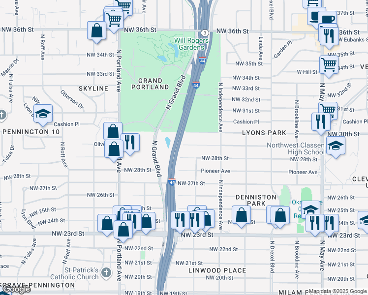 map of restaurants, bars, coffee shops, grocery stores, and more near 3422 Northwest 29th Street in Oklahoma City