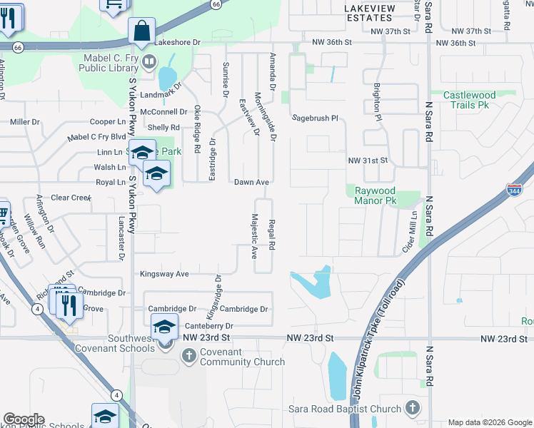 map of restaurants, bars, coffee shops, grocery stores, and more near 921 Regal Road in Yukon