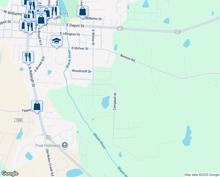 map of restaurants, bars, coffee shops, grocery stores, and more near 142 Buddy Campbell Court in Angier