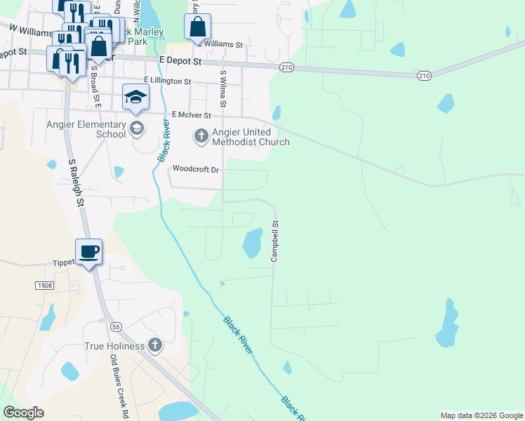 map of restaurants, bars, coffee shops, grocery stores, and more near 142 Buddy Campbell Court in Angier
